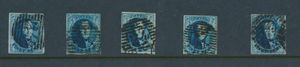 N° 7, planche IV, 5 timbres plancheurs du panneau droit, tb/b