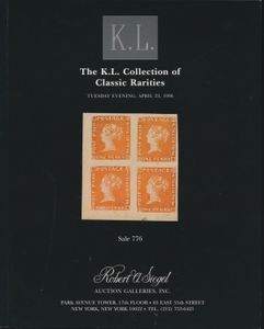 The K.L. Collection of Classic Rarities; Robert A. Siegel; Robert A. Siegel Auctions, New York; 1996; gedrukt; geniet; Engels; 60 pag.; zachte kaft; zeer mooi; veilingcatalogus van enkele van de grootste rariteiten uit de filatelie van het Britse Rijk en de wereld, bijzonder sterke secties van Canadese provincies, Mauritius en Australische staten, de meeste aangeboden kavels hebben een legendarische status in de filatelie.