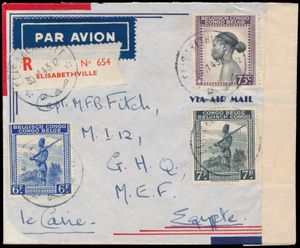 1943, Briefumschlag frankiert mit 75c, 6fr und 7fr – Palmenausgabe von 1942, per Einschreiben am 30. November 1943 von Elisabethville an Capt. Fitch im G.H.Q. M.E.F. in Ägypten (Fitch war Mitglied der britischen Militärmission Mac Kenzie, die die Stärke der Kolonien in Afrika einschätzen sollte), mit ziviler Zensurmarke „CENSURE CONGO BELGE” (Typ Aa) + Zensurnummer „6” in Blau, angebracht in Elisabethville (30. November), einwandfrei