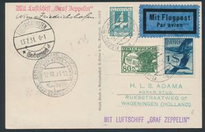 12.7.1931 N° 200c (Mi. Zeppelin Specialised), LZ 127 Oostenrijkse vluchtfotokaart verstuurd naar Wageningen, Nederland, met normale + luchtpost Oostenrijkse frankering gestempeld door Wien-Aspern c.d.s., met speciale Wien poststempel ernaast, evenals Friedrichshafen landingspoststempel, zm