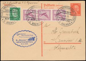 18.6.1931 N° 49c (Mi. Zeppelin Specialised), catapult post 15pf reply postcard (!) addressed to Hannover and carried aboard the 