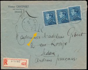 1937 N° 430, 3 maal op aantekende enveloppe, vanuit Dinant, dd. 22 9 37, naar Sedan (Ardennes Français), met 