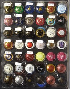 CHAMPAGNECAPSULES: In 5 originele mappen geklasseerd van A tot Z, +/-780 stuks, geen dubbels + 1 map cavacapsules (+/-400 stuks) + een leeg album + catalogus, zm