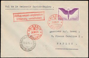 26.4.1934 SWISSAIR Balkanvlucht brief verzonden naar Napels, Italië op het eerste deel van de vlucht, met een 1fr luchtpostzegel, vertrek vertraagd door slechte weersomstandigheden, aankomststempels op zowel de voor- als achterkant, ongewoon, zm
