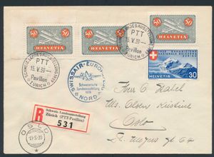 29.4.1939 SWISSAIR Europa-vlucht ter gelegenheid van de Zwitserse Nationale Tentoonstelling van 1939, aangetekende brief verzonden vanuit Zürich naar Oslo, Noorwegen, gefrankeerd voor 1fr80rp, postzegels afgestempeld in Zürich, speciale vluchtstempel in blauw, aankomststempel op de voorkant, zm
