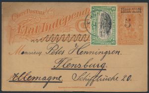 EP Stibbe Nr 32 L, overprint (large 5 and local overprint 7), with additional 5C green stamp 'Emission Mols 1910' cancelled in Kinshasa on 10 July 1910, destination Flensburg (Germany), vf.
