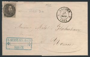 1862 Nr. 10 „10c. braun”, auf Brief ohne Inhalt, aus D.36-Anthée, datiert 11. August 1862, nach Namur, einwandfrei/schön (COBA +15 €)