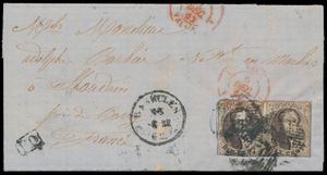 1862 Nr. 10 „10c. braun”, im Paar auf Brief, unten links berührt, abgestempelt D.126-Basecles, sehr schlechte Stempel (Perzeptions-, Abgangsstempel und „PD”) – Verwendung eines schlechten Stempelkissens, datiert 6. Dezember 1862, nach Houdain (Frankreich) pres de Beuvry, Grenztarif, mehrere Stempel auf der Rückseite, einwandfrei/schön