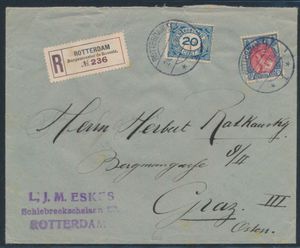 1921 Lettre recommandée (bande blanche) de Rotterdam à destination de l'Autriche avec n° 65 et 109, au verso 4 cachets 
