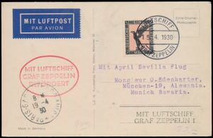 15.4.1930 N° 54b (Mi. Zeppelin Specialised), LZ 127 Spaanse vlucht fotokaart verstuurd naar München en voorzien van een 1M postzegel (Michel 382) met Bordpost stempel, ovale hulpstempel 