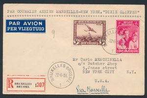 Belgien, PA 4 + Nr. 500 auf Einschreibebrief von Brüssel 30-6-39 nach New York über Marseille (geschrieben), „Dixie Chipper” + hinten Nr. 420, einwandfrei