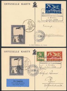 1.7.1926 Eerste vlucht Bazel - Schaffhausen ter gelegenheid van de Internationale Tentoonstelling voor Binnenvaart en Waterkracht in Bazel, twee officiële geïllustreerde ansichtkaarten met elk de voor de tentoonstelling uitgegeven vignette (SBK 18, cat. waarde CHF 50 op brief), afgestempeld door een speciaal randloze stempel, naast de normale luchtpostfrankeermerken die zijn afgestempeld door het vluchtcachet, zm