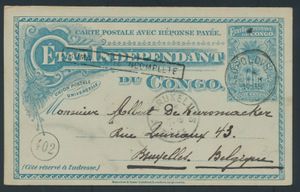 EP Stibbe No. 17, request section, with griff “Boma carte incomplète” cancelled in Leopoldville on 24 February 1903, addressed to Brussels, arrival cancellation 2 April 1903 (small postman's cancellation “402”), vf