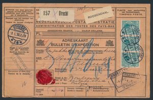 1930 Carte-colis d'Utrecht via Roosendaal à Bruxelles avec Veth, affranchissement 