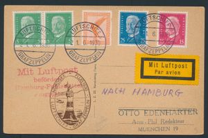 21.6.1931 N° 73b (Mi. Zeppelin Specialised), LZ 127 Duitse rondvlucht geïllustreerde briefkaart verstuurd naar München en voorzien van een kleurrijke frankering gestempeld door de Bordpost-stempel, met daarnaast een hulpstempel van 4 regels in het rood, interessante illustratie op de voorkant van de briefkaart met onder andere een postzegel en verschillende Zeppelin-stempels, zm