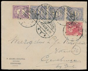 1908/13/10 Lettre d'IJzerdijke à Gentbrugge (Belgique) avec affranchissement inhabituel (tarif correct) dont n° 52 (3x), utilisation très précoce de ce timbre, tb