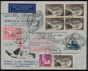 1934 Speciale envelop TBC bestrijding voor verkoop Emma zegels met uitgebreide frankering w.o. zegel Suriname, van Batavia naar Paramaribo, zm