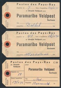 Suriname, 1970/1973, veldpost etiket (2 verschillende types), 3 stuks in totaal, zm/m.