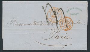 1853 Voorloper met inhoud vanuit Anvers, dd. 27 avril 1853, naar Paris (Frankrijk), port 4 decimen (tweemaal vermeld), zm