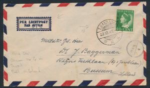 1947 Luchtpostbrief van Tjiandjoer naar Bussum met enkelfrankering n° 328 (50 punten), rechts staat nog een censuurstempeltje, zm