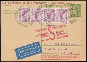 22.5.1931 N° 44b (Mi. Zeppelin Specialised), catapult post 5pf postcard sent to New York and up-rated with a 15pf airmail strip of 4 (Michel A379), carried aboard the 