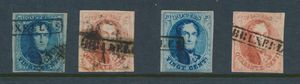 N° 10, 10A, 11 en 11A, allen volrandig (enkele ouderdomsvlekken), 2 zegels met keurmerk, met griffe Bruxelles in kader zwart, zm/m (OBP €242)