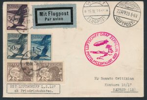 19.4.1929 N° 20Ia (Mi. Zeppelin Specialised), LZ 127 Mediterranean Flight - Sevilla drop-off ansichtkaart verzonden vanuit Wenen, Oostenrijk en verstuurd naar Madrid, Spanje, gefrankeerd met 1S84g met Oostenrijkse luchtpostzegels en vervolgens doorgestuurd naar Friedrichshafen waar het de vertrekstempel ontving gedateerd 22.4.1929, naast het zeppelinvluchtstempel in lila-rood, Sevilla transit en Madrid aankomststempels op de achterkant, zm
