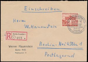 1949 aangetekende brief verzonden binnen Berlijn en gefrankeerd met een 3M rood (Michel 59, cataloguswaarde €700 op brief), voorzien van een speciale poststempel van de filatelistische tentoonstelling 