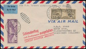18.7.1931 N° 57b (Mi. Zeppelin Specialised), catapult post cover addressed to Wageningen, Netherlands and intended to have been launched from the steamer 
