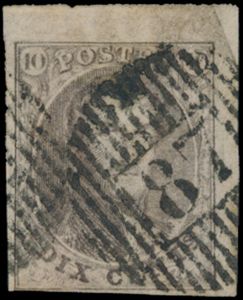 Nr. 10 „10c. braun”, vollrandig mit Bogenrand, Abstempelung D.87-Grupont, einwandfrei (COBA +25 €)