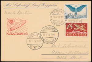 18.5.1934 N° 358 (Mi. Zeppelin Specialised), LZ 127 Duitse vlucht Friedrichshafen - Berlijn, Zwitserse briefkaart oorspronkelijk gepost in Romanshorn en verstuurd naar Assen, Nederland, met Zwitserse frankering en doorgestuurd naar Friedrichshafen waar hij de c.d.s. van 19.5 en de zeppelinvluchtstempel in rood kreeg, Berlijn transitpoststempel ernaast, cat. waarde voor de vlucht is €250, zm