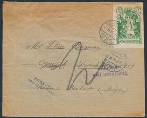 1916 Première Guerre mondiale, lettre de la base militaire près de Zeist à Opwijck (Belgique) affranchie avec un timbre d'internement, cachets 