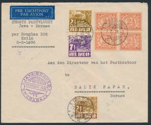 1936 Brief eerste postvlucht Java-Borneo per Douglas DC 2 van Tjepoe naar Balik Papan met mooie frankering, achterzijde met o.a. puntvlakvullingstempel Balikpapan, zm