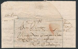 1679 Voorloper met inhoud vanuit Mechelen, dd. 9 maart 1679, naar Antwerpen, met portaanduiding rode krijtstreep I, de brief heeft wat schade, m