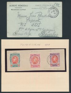 Collection of +25 letters (stationery) and several dozen stamps, mostly from the 1915 issue, by army post office and cancel such as Vlamertinghe, Oostvleteren, Adinkerke, etc., vf/f/to be checked