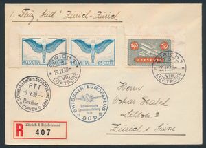 29.4.1939 SWISSAIR Europa-vlucht ter gelegenheid van de Zwitserse Nationale Tentoonstelling van 1939, aangetekende brief verzonden op de heen- en terugreis vanuit Zürich, gefrankeerd voor 1fr80rp, speciale vluchtstempel naast in blauw, evenals een tentoonstellingsstempel, aankomststempel gedateerd 7.5 op de achterkant, zm/m