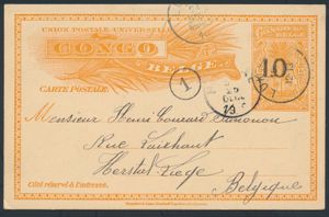 EP Stibbe No. 35, overprint ‘10 on 15c. orange on cream’, cancelled in Lukafu on 19 November 1910, destination Herstal, arrival postmark on 25 December 1910, vf