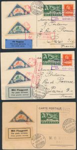 31.5.1925 Genève International Aviation Meeting lot van 3 officiële ansichtkaarten met elk één of twee driehoekige vignetten die voor deze gelegenheid zijn uitgegeven (SBK nrs. 13-15, cataloguswaarde CHF 50 op brief), naast de normale frankeringen met het speciale vluchtstempel, één kaart verzonden naar Bazel en de andere twee naar Parijs, zm