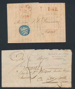1717/1883 Verzameling voorlopers, vanuit meerdere vertrekplaatsen, zoals 94-Diest, Mons (Diepdruk) en Anvers, 36 documenten, zm/m/ntz