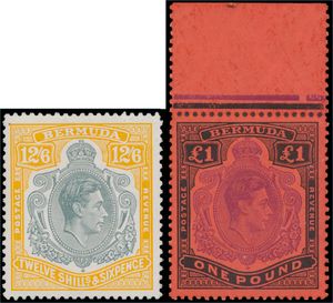 N° 110/22 en 127/29 '1938/49' George VI uitgiften, £1 met bovenbladboord (rest van scharnier), zm (SG £ 351)