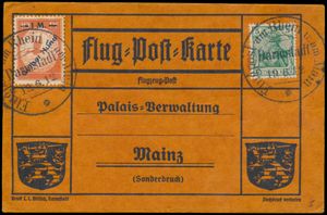 19.6.1912 luchtpostkaart verzonden van Darmstadt naar Mainz en gefrankeerd met de 1M op 10pf Gelber Hund overdrukpostzegel (Michel IV, cataloguswaarde € 280 op brief), evenals een gewone 5pf postzegel, ongewoon, zm