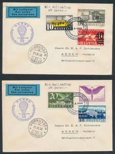 21.9.1938 Aarau Postzegeltentoonstelling Ballonpost twee brieven verzonden naar Assen, Nederland, met kleurrijke frankeringen van 1,50 fr, beide voorzien van een speciale tentoonstellingsstempel, vluchtstempel in blauw ernaast, zm