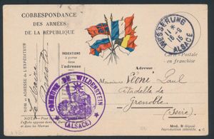 1915 Militaire kaart van Wesserung naar Grenoble met 2 censuurstempels, Wildenstein Alsace, zm