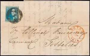 1849 N° 2 Volrandig, op brief met inhoud, afstempeling P.4-Anvers, dd. 26 november 1849, naar Gosselies, zm