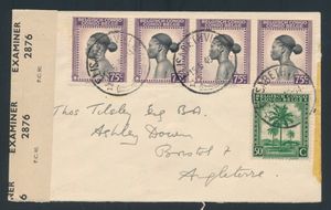 1945 Letter franked with N° 234 and N° 256 (wrapper of 4) sent from Elisabethville on 15-6-45 to Great Britain, British censorship wrapper, examine 2876/P.C. 90, vf