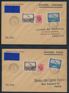 Belgien, kleine Zusammenstellung mit Erinnofilie PR 30/34 „Vliegpostdienst Antwerpen”  5- Sonderbriefe, einwandfrei.