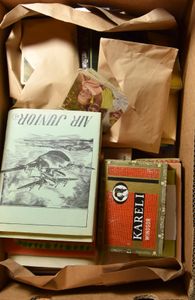 VARIA: Filmsterren, zwart-wit, gekleurde prentjes, sigarenbanden, chromo's, enz. in grote doos