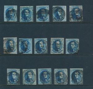 N° 7, planche II, 15 timbres placés du panneau droit, tb/b