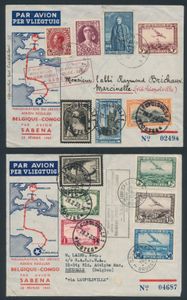 1935 „Einweihung des Linienverkehrs zwischen Belgien und Kongo durch SABENA am 23. Februar 1935” Los von 2 Rückbriefen mit verschiedenen Briefmarken und gerahmter Griffel, sehr selten!, einwandfrei.