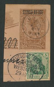 Fragment of an EP Stibbe No. 25, request section with additional German stamp at ‘5pf.’ with ship cancellation 'Deutsche Seepost Linie Hamburg Westafrika 29-10-11, vf